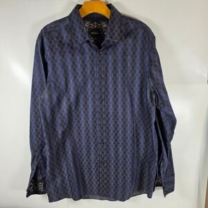 Parc 81 Mens Blue Geometric Long Sleeve Button Down Shirt Size L 16.5 Embroidery